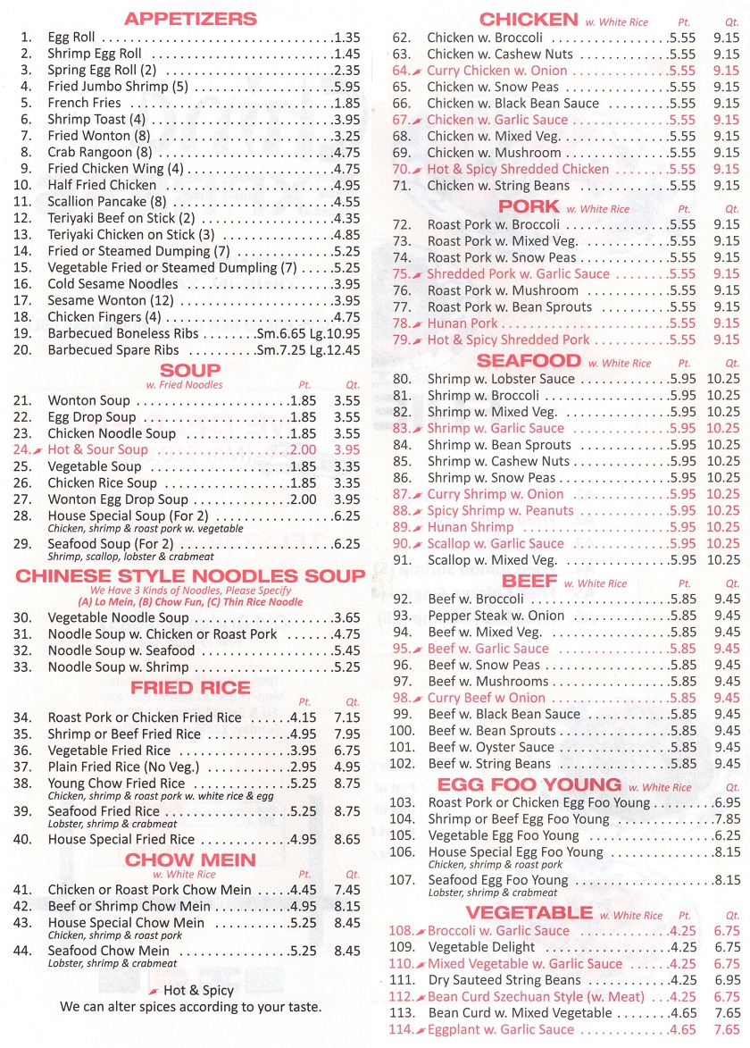 China Express Chinese Resaturant in Old Brideg Menu