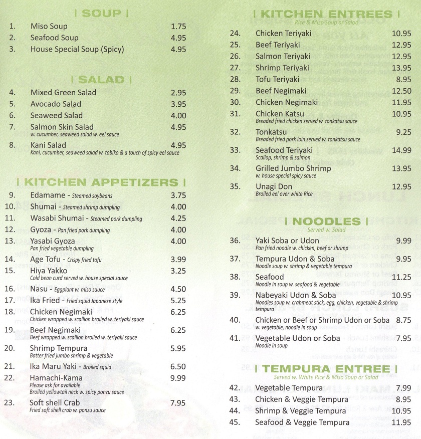 Old Bridge Sushi Japanese Resaturant in Old Brideg Menu